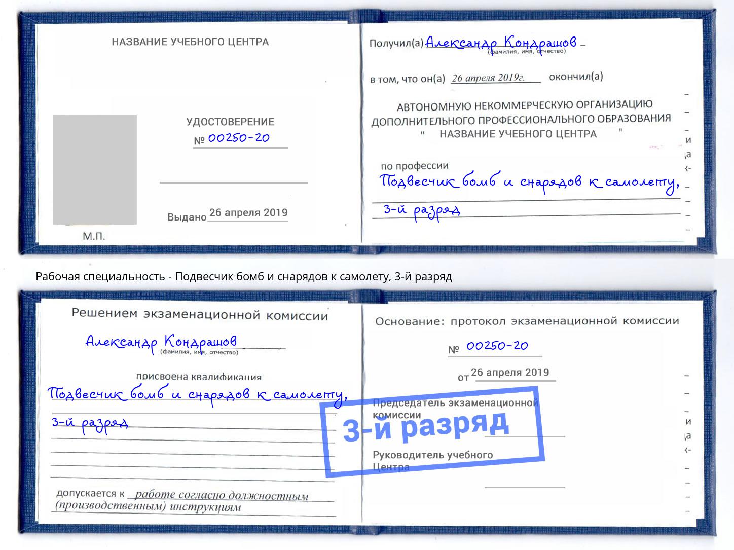 корочка 3-й разряд Подвесчик бомб и снарядов к самолету Черногорск