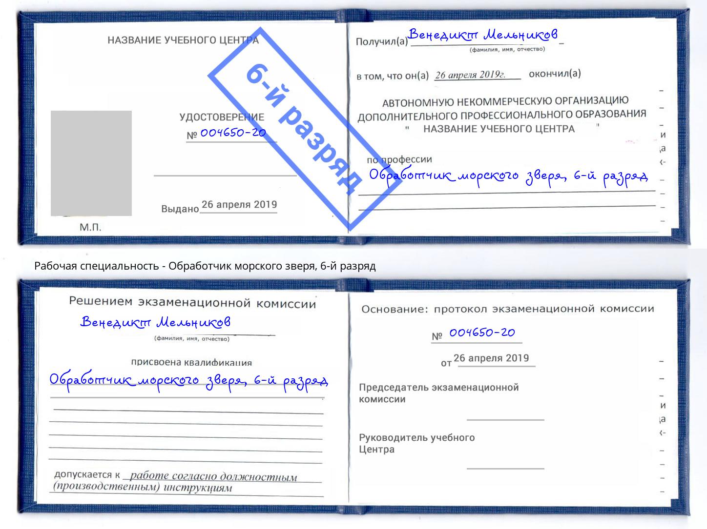 корочка 6-й разряд Обработчик морского зверя Черногорск