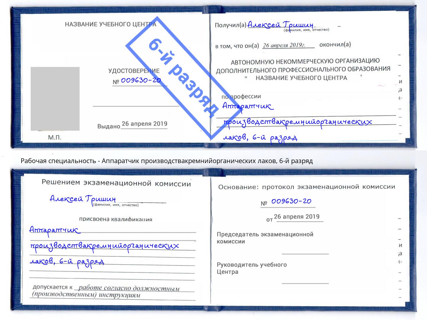 корочка 6-й разряд Аппаратчик производствакремнийорганических лаков Черногорск