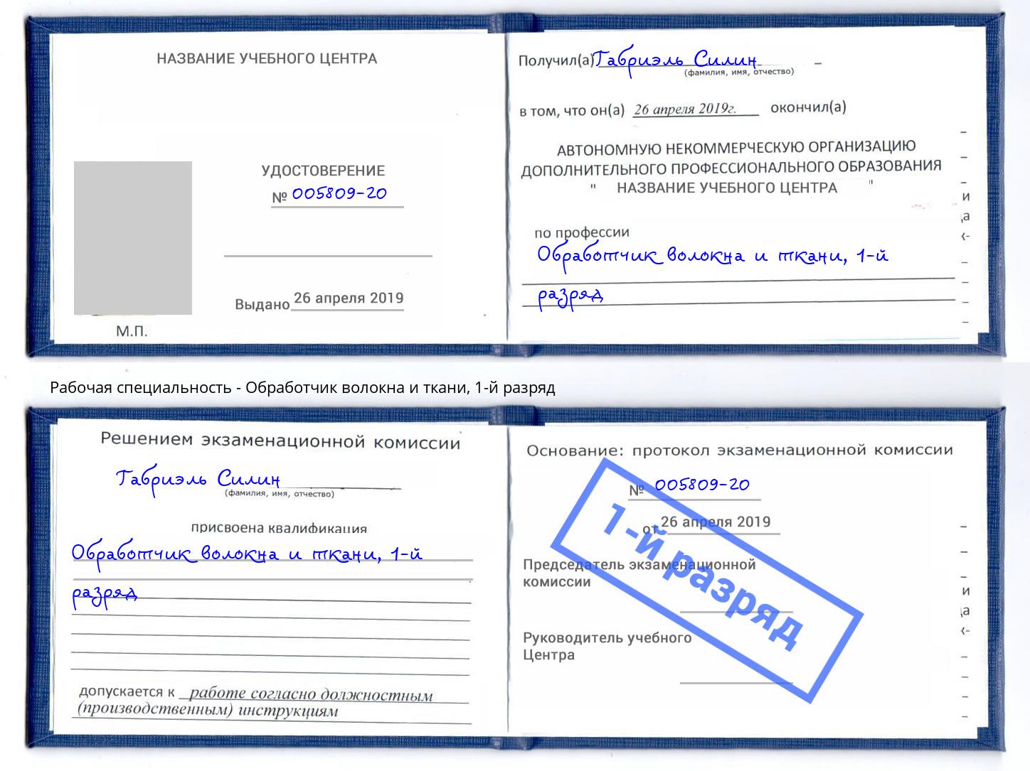 корочка 1-й разряд Обработчик волокна и ткани Черногорск