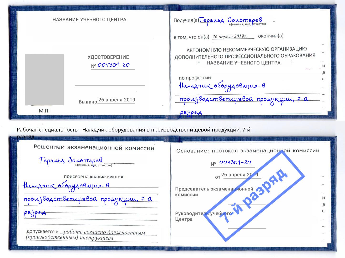 корочка 7-й разряд Наладчик оборудования в производствепищевой продукции Черногорск